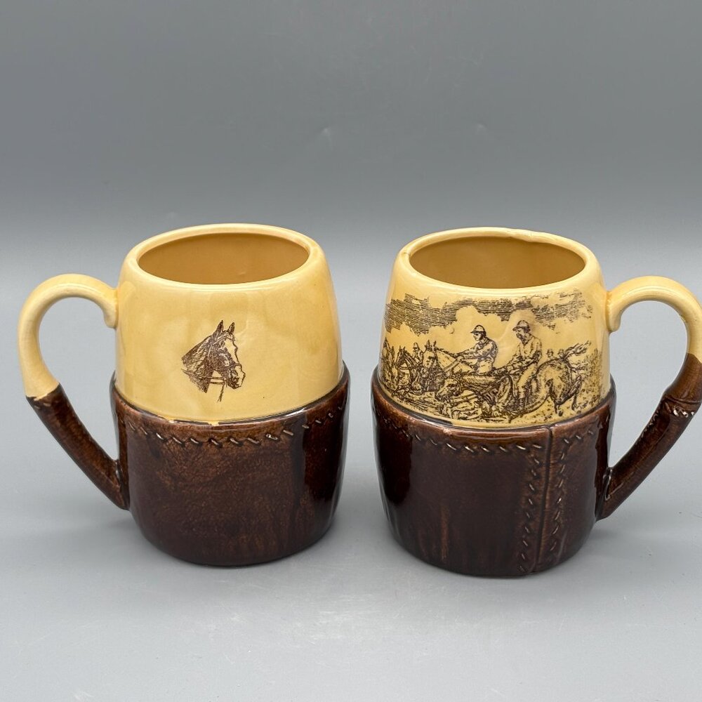 Vintage Montreal Toronto Equestrian Stoneware Mugs Set of 2 Horse Hunt Scene